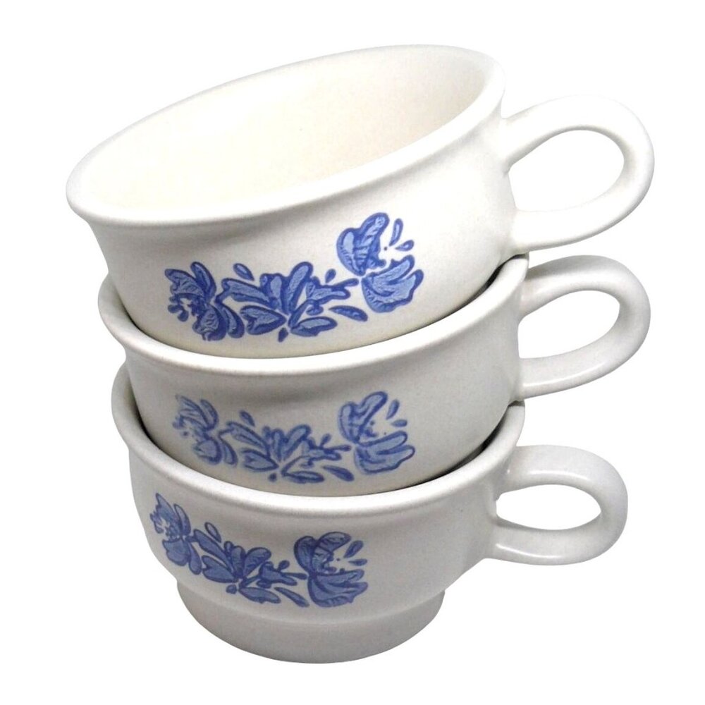 Set Of 3 Vintage Blue Floral Stoneware Coffee/Teacups Yorktowne Pfaltzgraff